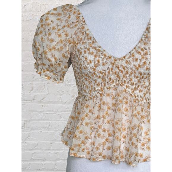 Ash & Violet Yellow White Daisy Floral Puff Sleeve Babydoll Smocked Top M Boho - Picture 7 of 11